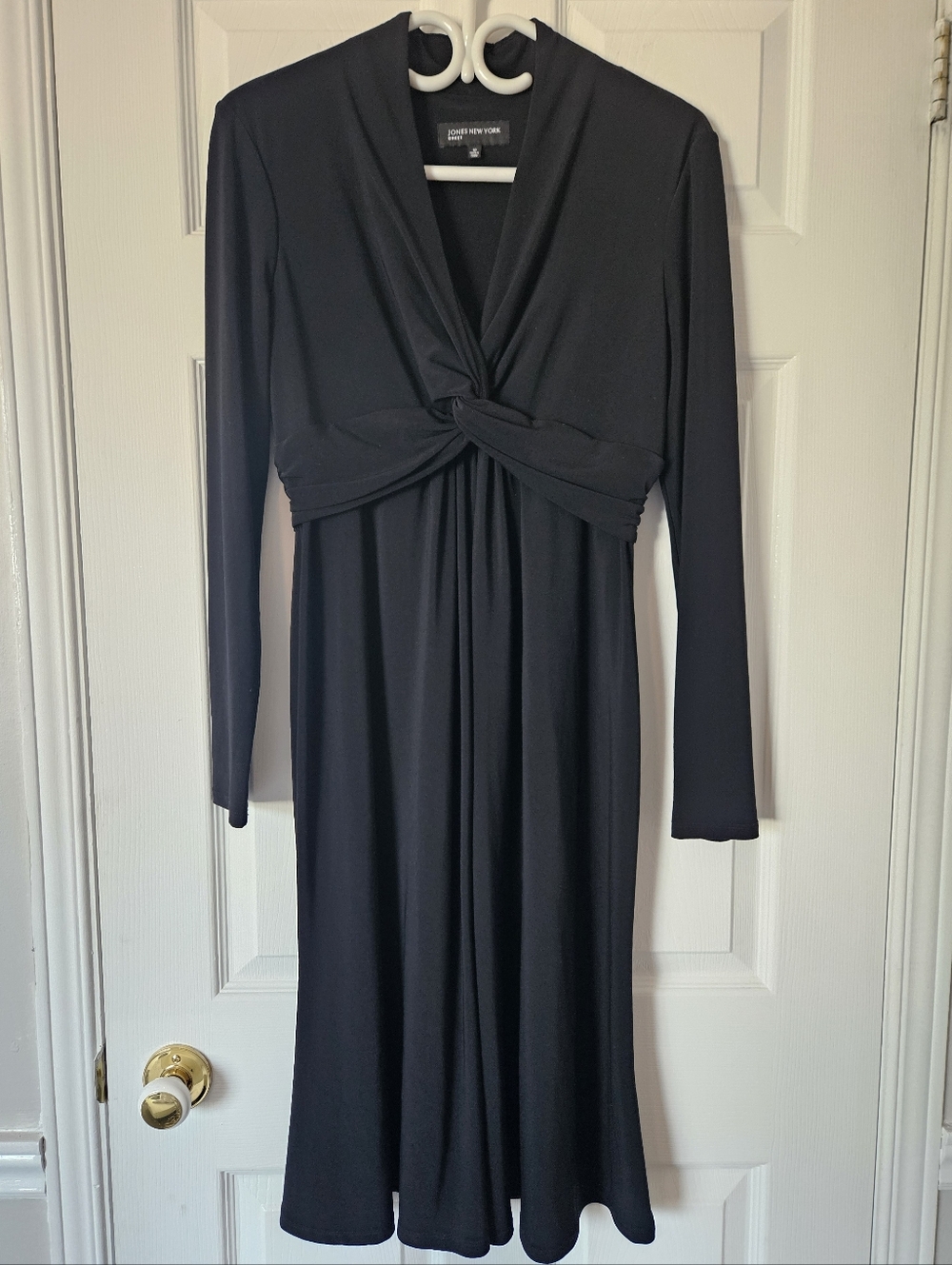 Black Jersey Midi Dress V Neck Long Sleeves Twist Waist Jones New York Size 10